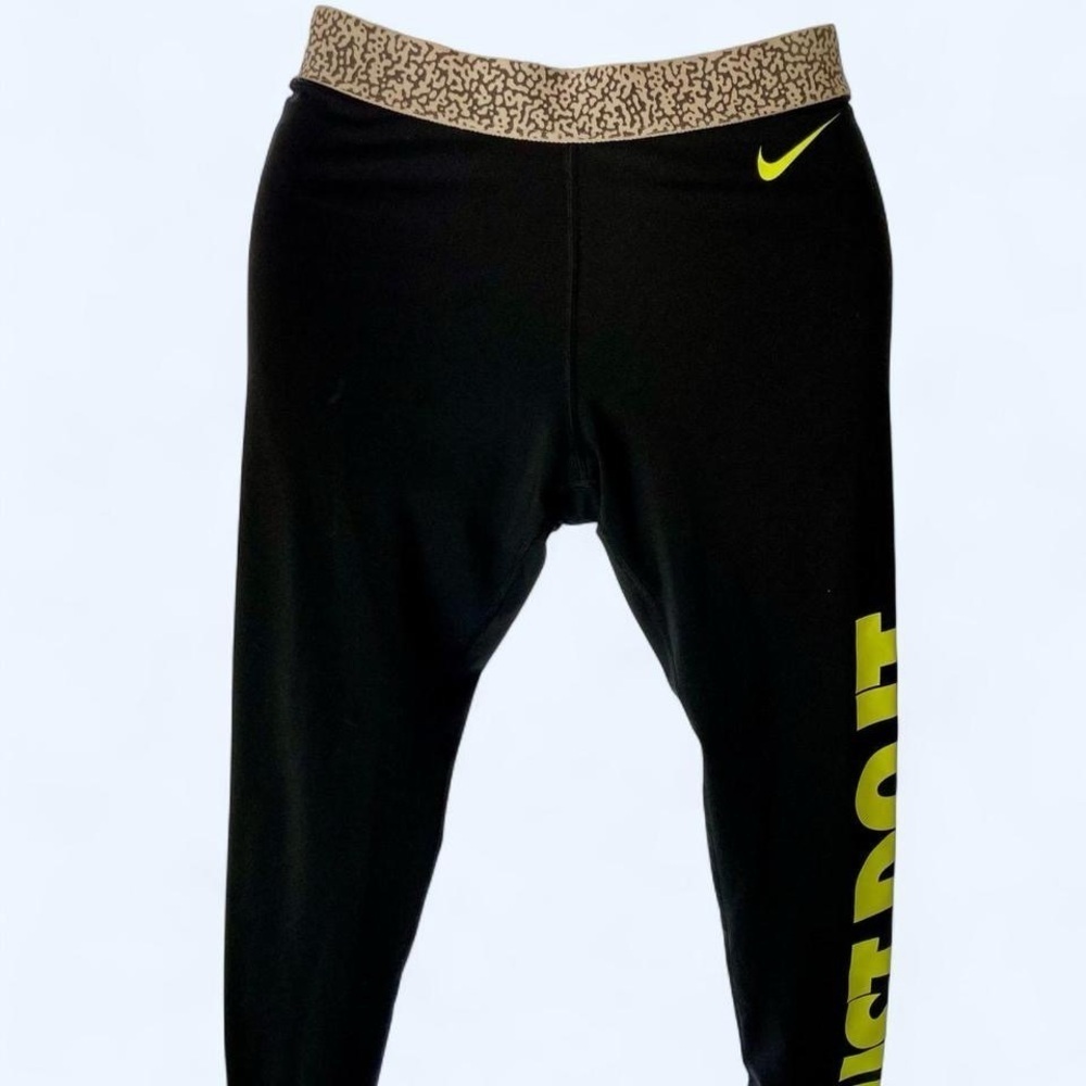 Nike Black and Yellow Leggings with Metallic Waistband S